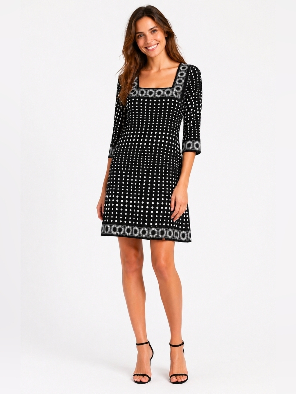 White House Black Market Black Dress with White Dot & Border Trim Size S